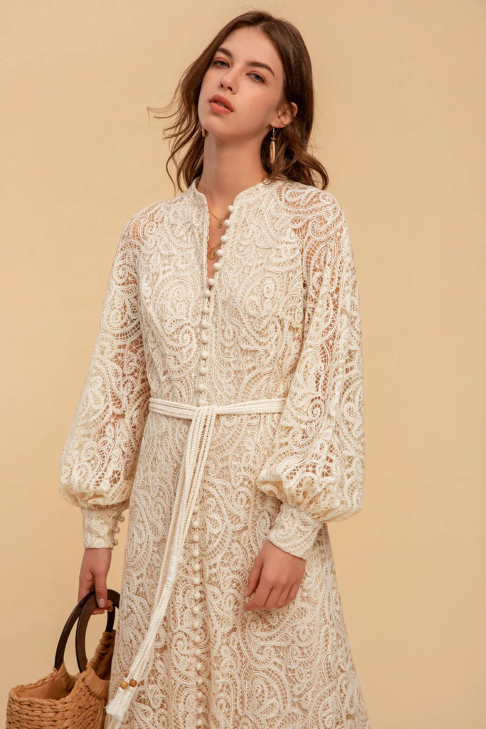 Irina Long Belted Lace Dress - Indy Love