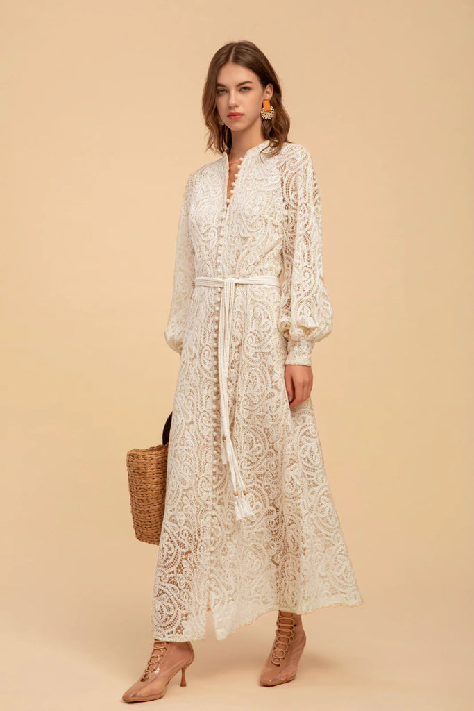 Irina Long Belted Lace Dress - Indy Love